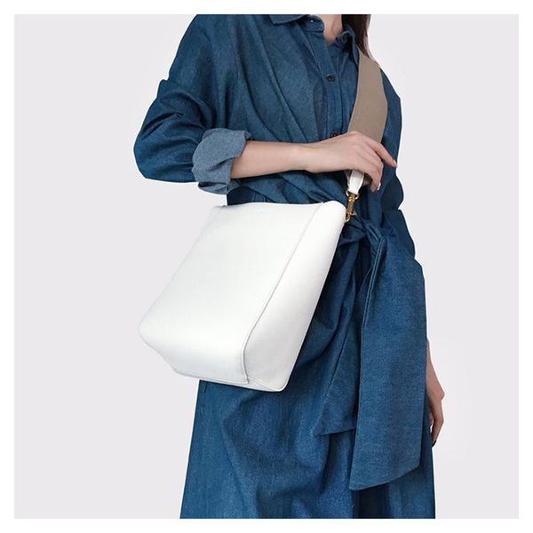 

evening bags women's bag 2021 wide shoulder strap cowhide bucket leather handbag small wild simple one-shoulder messenger