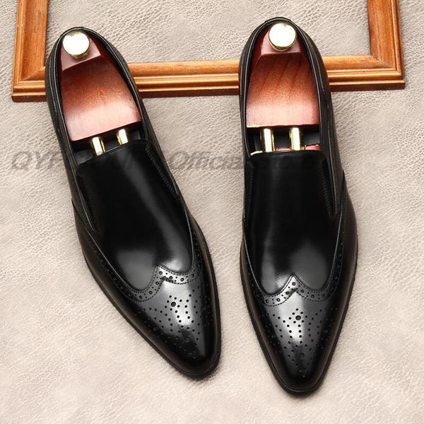 

autumn genuine leather handmade brown black mens loafers pointed toe brogue man dress shoes wedding moccasin party oxford shoes