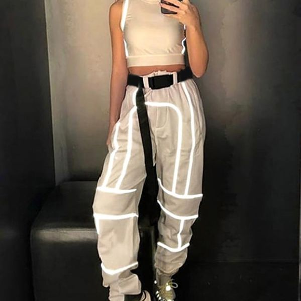 

women's pants & capris trendy reflective sport trousers women hip hop loose streetwear joggers sweatpants pantalones mujer, Black;white