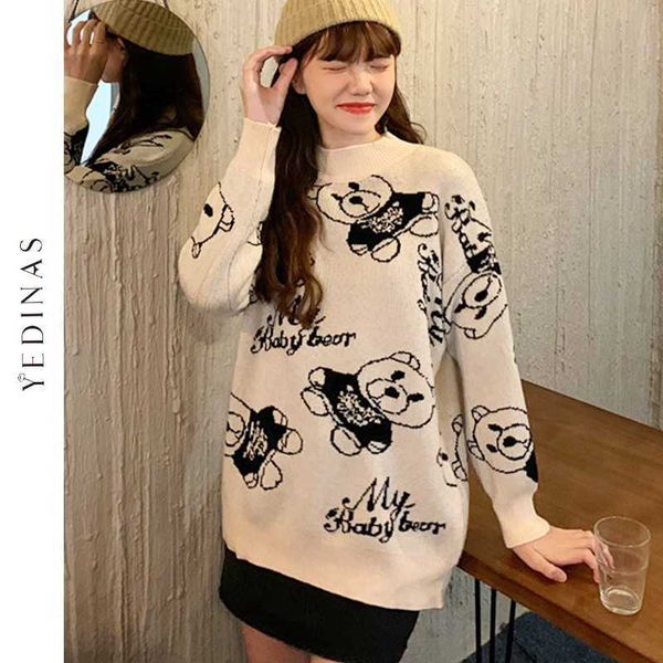 

yedinas sweet pullover sweater knitted women winter long sleeve o neck cartoon bear loose warm ladies jumper korean 210527, White;black