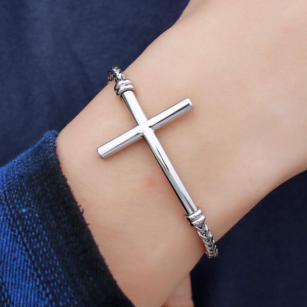 

8.26'' stainless steel link chain jewelry silver color simple titanium religious cross id bracelet bangle for women mens link,, Black