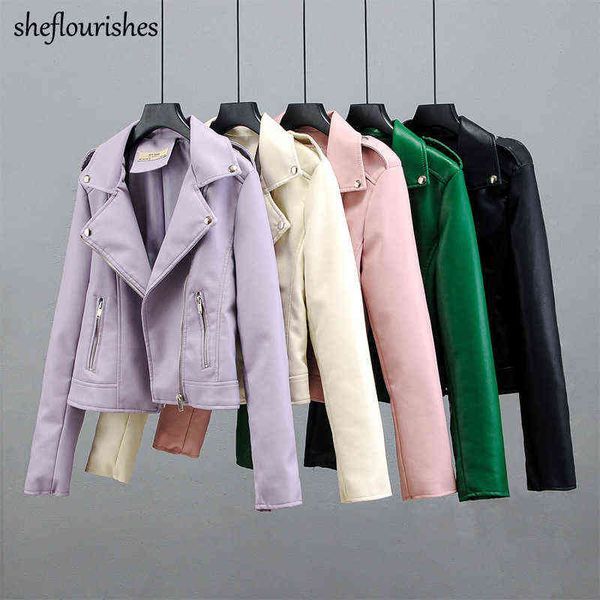 

fashion pu leather jacket for womens winter coats turn down collar coat basic black pink biker zipper green streetwear 211118, Black;brown