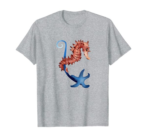 

seahorse with blue starfish novelty marine fish grass t-shirt, White;black