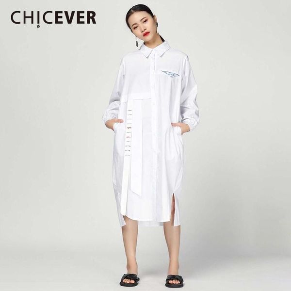 

casual dresses chicever spring women dress lapel long sleeve button pockets patchwork ribbon loose slim split hem female dersses 2021 fashio, Black;gray