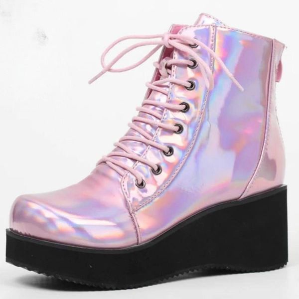 

boots 2021 ankle shoes women lacing motorcycle wedges heels casual autumn platform fashion punk short 34-43, Black