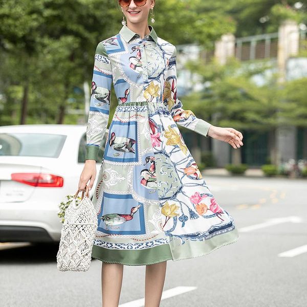 

autumn style ethnic retro print long sleeve elegant temperament mid-length dress women's clothing casual dresses, Black;gray