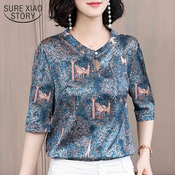 

summer vintage printed silk feminine loose short sleeved blouse woman half sleeve floral women shirt 9172 50 210508, White