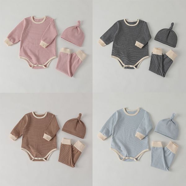 

baby clothes set striped bodysuits pants leggings and hat 3 pcs baby girl clothes outfits cotton toddler boys clothing suit, Blue