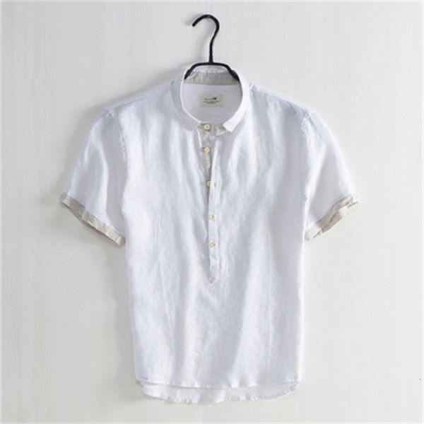 

t shirts summer linen short-sleeved men's contrast color square collar loose casual breathable thin section cotton white shirt, White;black