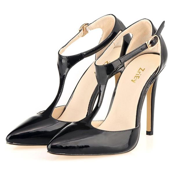 

sandals women pumps pointed toe t-strap buckle ankle strap patent leather ol casual high heel black office red wedding shoes