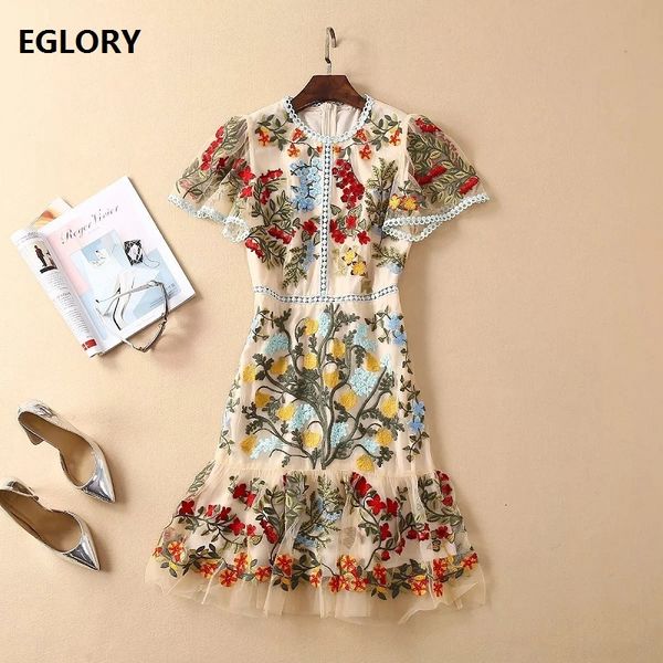 

dresses luxury embroidery summer party club women o-neck allover exquisite embroidery short sleeve tulle mesh xl, Black;gray