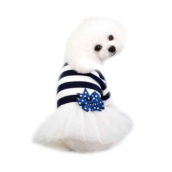 

dog apparel dark blue cute tutu dress bow tulle skirt clothes stripe costume pet supplies