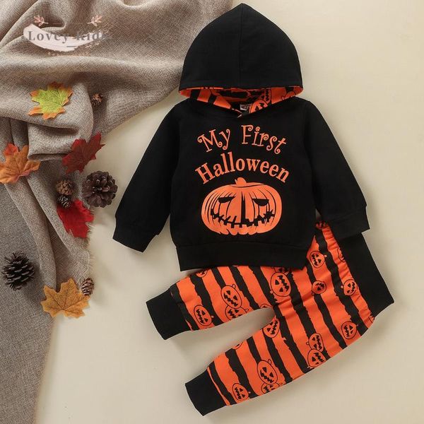 

clothing sets born baby boy girl outfits 1st halloween 2021 hooded pullover long sleeve toddler pumpkin striped pants 2pcs 0-18m, White