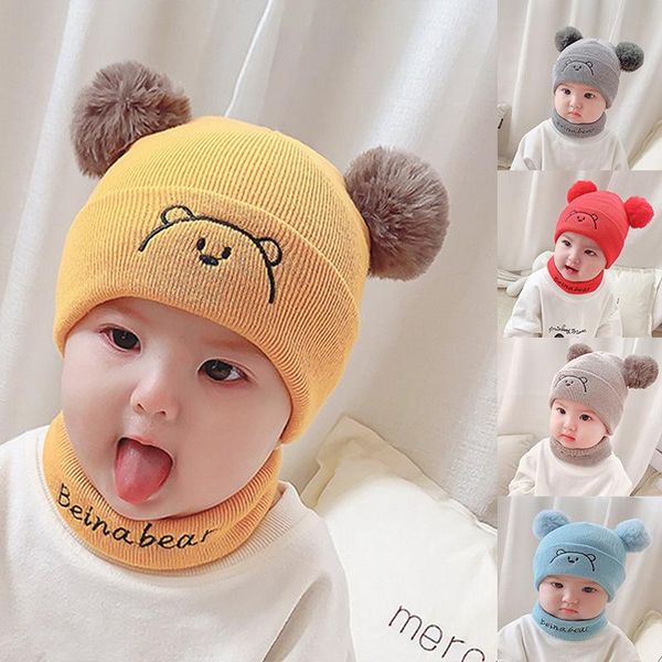 

scarves baby winter warm hats 2pcs toddler hat +twitter pompon children bonnet enfant knitted cute cap for girls boys 0-24 months, Blue;gray