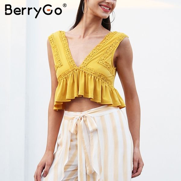 

berrygo v neck ruffle camisole tank women backless short lace shirt tee summer streetwear casual crop 210513, White