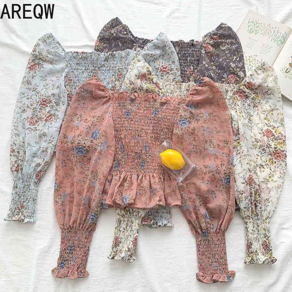 

spring and summer gentle all-match floral fungus ear folds are thin ruffled chiffon shirt women 210507, White