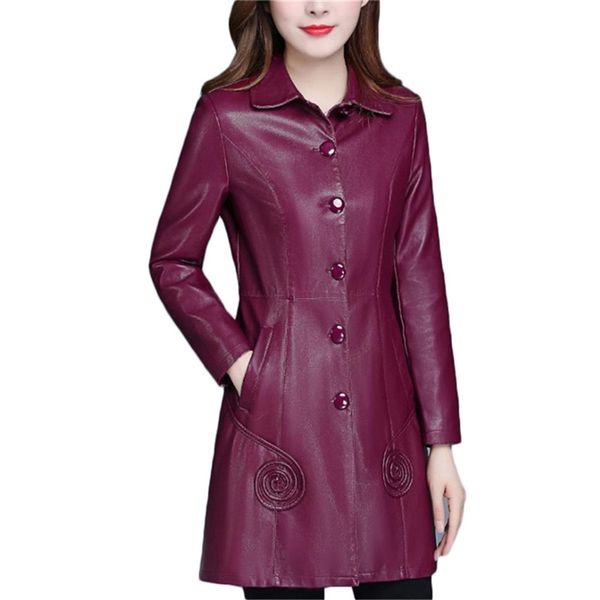 Кожаная куртка Женщины вина красный длинный PU искусственного пальто осень зима корейский тонкий черный XL-6XL плюс размер одежды LR247 210531