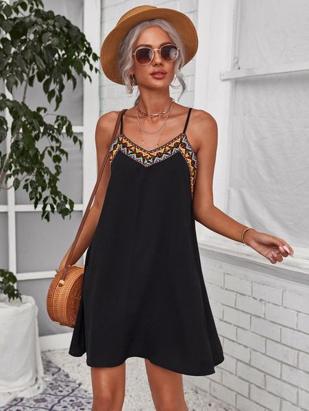 

embroidered tape detail cami dress 45t8#, Black;gray