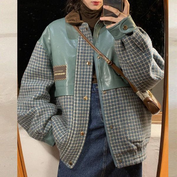 

women's jackets johnature women vintage patchwork pu plaid pockets fall blend coats 2021 autumn loose warm original, Black;brown