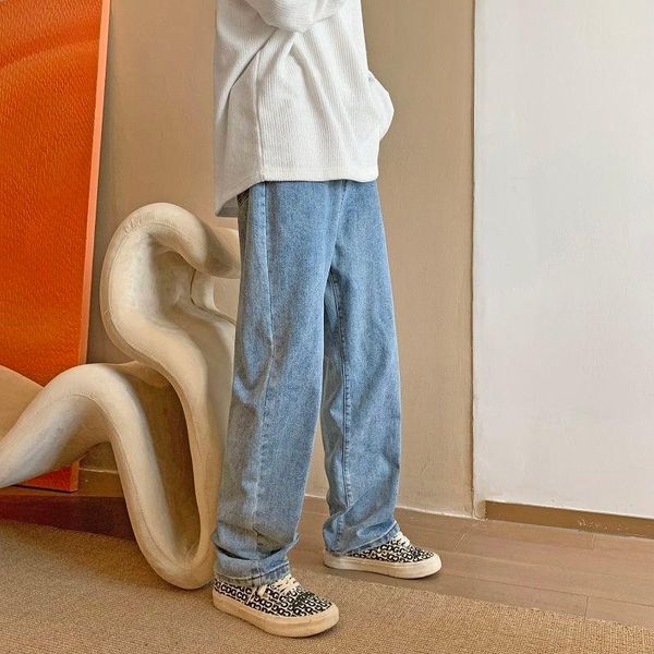 

men's jeans boys loose fitting straight casual for trend daddy pants pure color leisure package mail couples spring, Blue