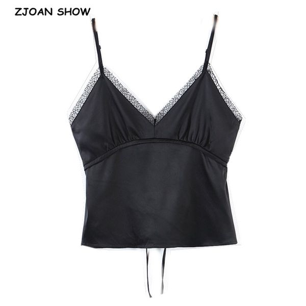 

summer france spliced lace v neck black satin camis women retro girl back tie bow belt slim crop short tees 210429, White