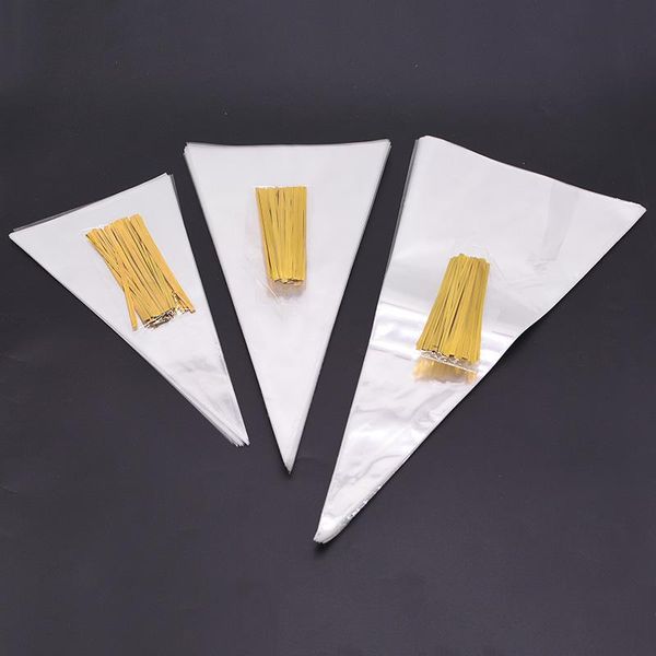 

gift wrap cone bags gold twist ties seal pouches clear plastic for candy cookies storage 50pcs 3 sizes transparent cellophane