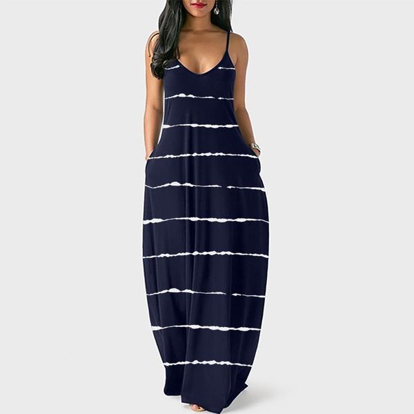

40# summer striped print long dress women sling sleeveless loose casual pocket maxi vintage vestido de mujer dresses, Black;gray
