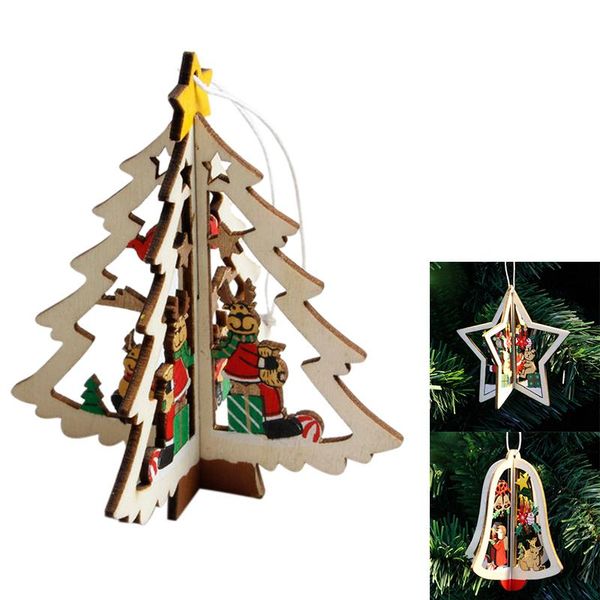

christmas decorations 6pcs/set diy wood bell xmas tree pendant 3d decor hanging