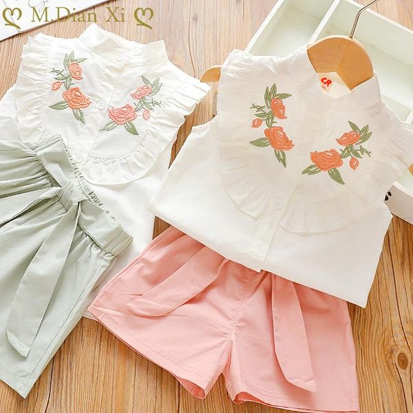 

clothing sets girls fashion flower embroidered sleeveless short pants boutique kids outfits 2-7years, White