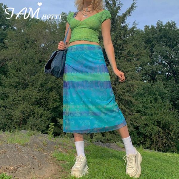 

skirts y2k vintage printed layer mesh long skirt women blue high waist straight sundress party beach outfit summer 90s iamty, Black