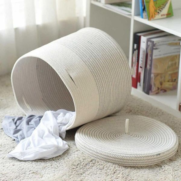 

cotton rope woven laundry basket with lid kids plush toys storage organizer dirty clothes sundries barrel bags