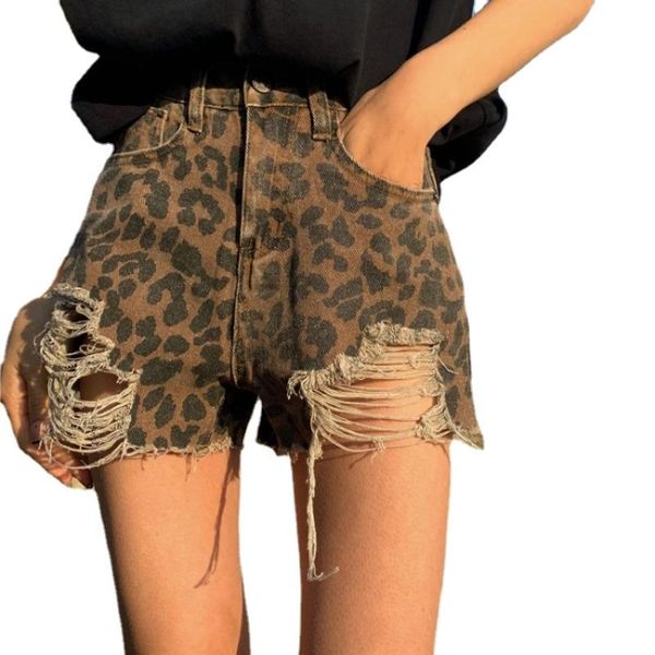 

women's shorts women casual go with vintage leopard print frayed edge high-waisted jean, White;black