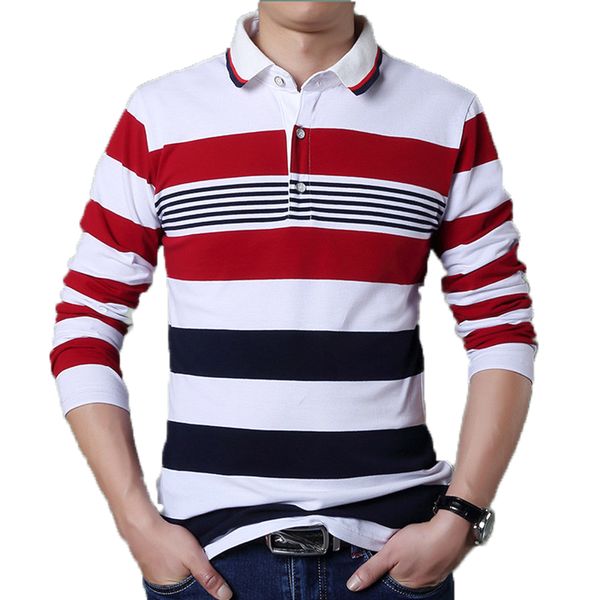 Negócio Polo Camisa Colares Homens Botão Clássico Contraste Contraste Red Stripe Camisa Completa Manga Longa Casual Vestido Masculino Polo Camisas 210518