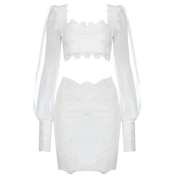 

two piece set for women summer party club suit white lace skirt mesh 2 210515