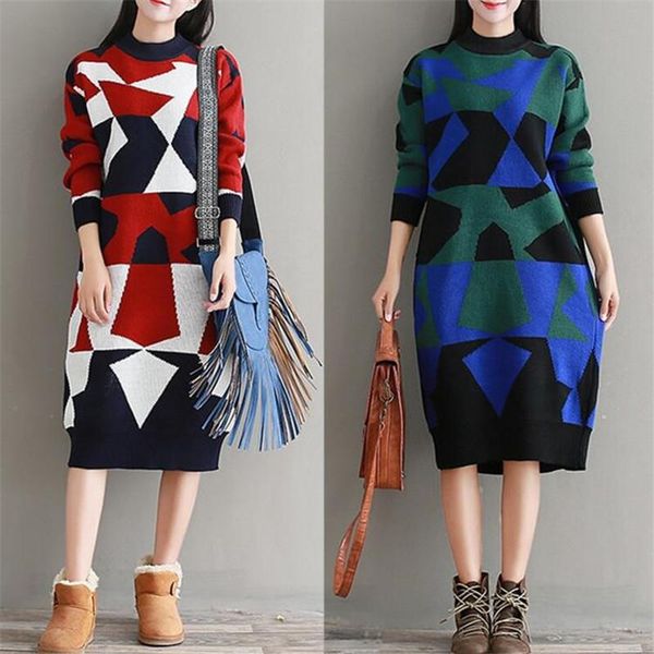 

casual dresses fashion 2021 slim sweater dress women woman winter autumn printed knitting o-neck full sleeve loose pullover, Black;gray