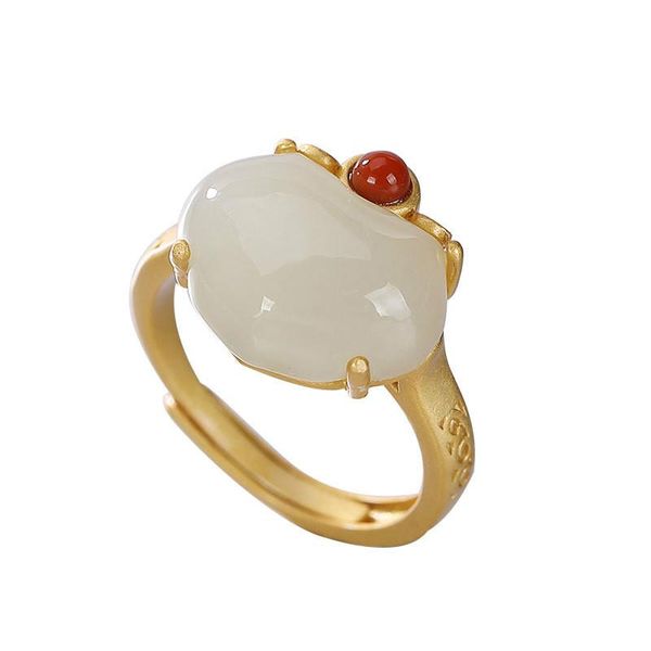 

cluster rings s925 pure silver gold-plated jade antique court temperament personality flat peach women's open ring, Golden;silver