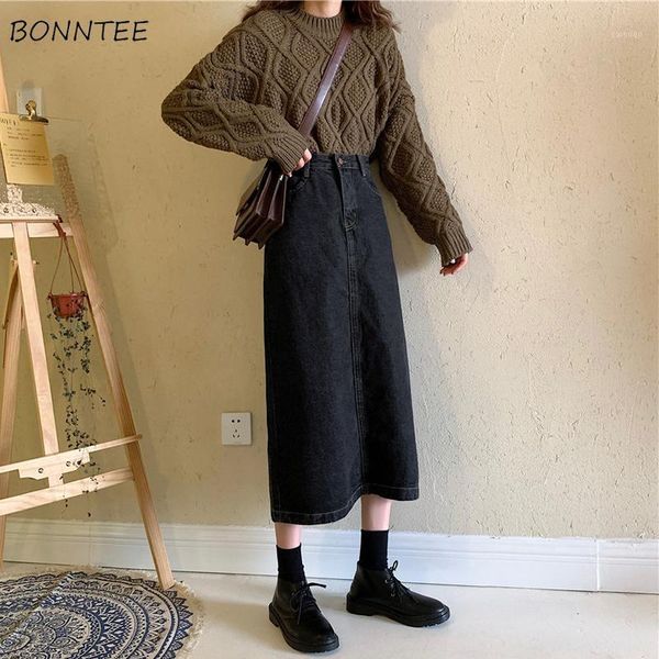 

skirts denim women plus size s-4xl elegant all-match mujer faldas korean style vintage decoration empire slim chic streetwear, Black