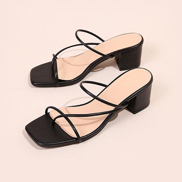 

summer square toe high heels thong mules slippers women slip on flip flops outdoor open slides strappy sandals, Black