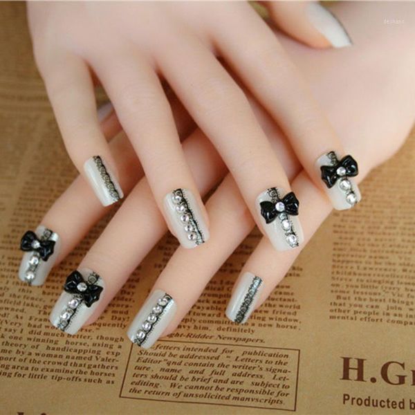 

24pcs/set rhinestone square acrylic nails tips elegant fake black white stripe color mix chic short false with pearl1, Red;gold