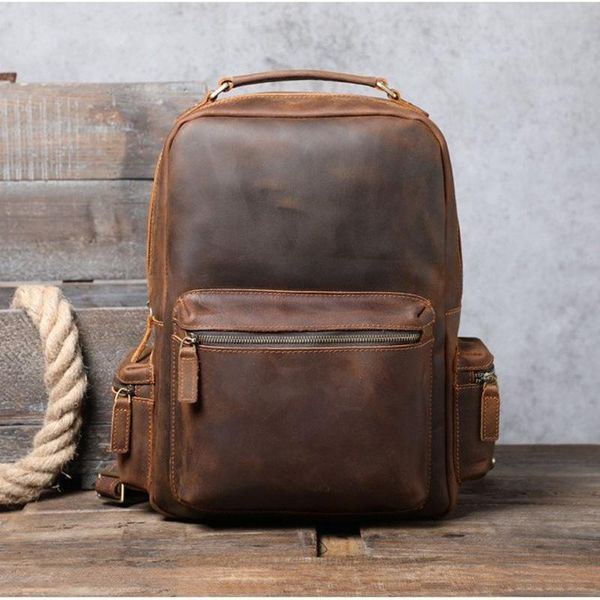 

retro crazy horse leather bag, men's large capacity manual computer bag backpack