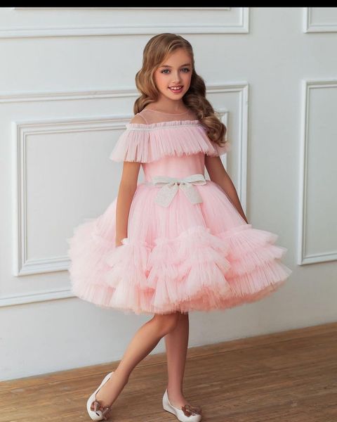 Puffy Princess Flower Girl Dress 2022 Pink Tutu Ragazze Compleanno Abiti da cerimonia per feste Abiti per bambini Abiti da spettacolo per bambini Prima Comunione Baby Girl Gown Bow Ruffles Skirt