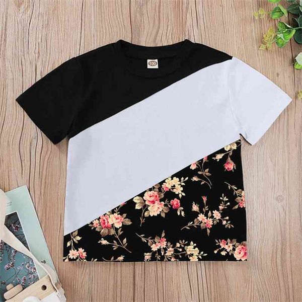 

summer children short sleeve o neck patchwork print floral cute baby girl or boys t-shirt 3-10t 210629, Blue