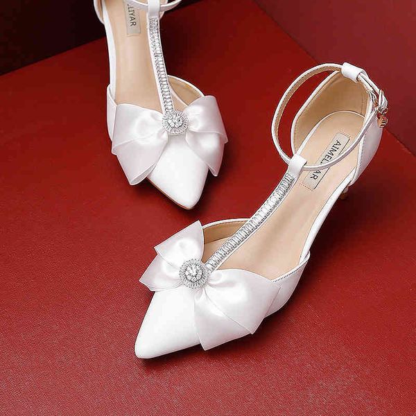 

sandals t-shaped wristband bridal wedding summer style hollow rhinestone bowknot pointed stiletto banquet women's shoes, Black
