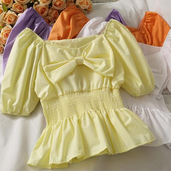 

women's blouses & shirts women fashion outdoor casual short sleeve ruffle pleated bow blouse ladies ol sweet girls student elegant dail, White