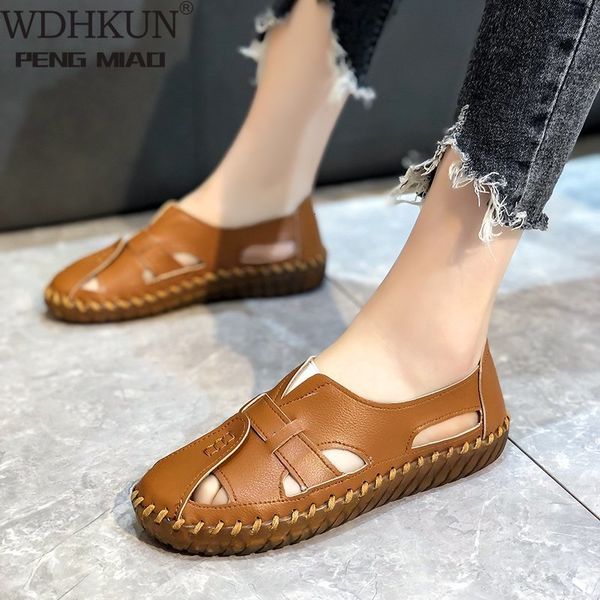 

sandals women's 2021 summer genuine leather handmade ladies shoe women flats retro style mother shoes zeqz, Black