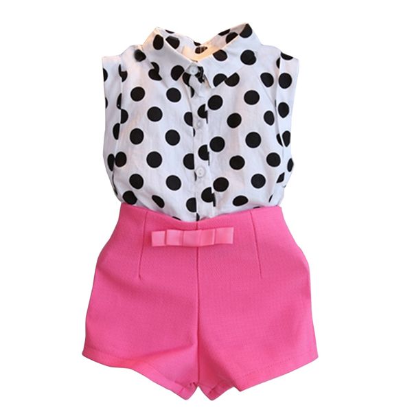 Vestiti per ragazze estive Set Cappotto con risvolto con stampa a pois + Pantaloni rosa Tuta per bambini per bambini 210515