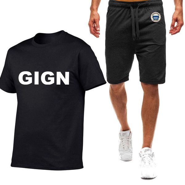 

jogging clothing 2021 french gendarmerie gign fashion printed t-shirt sports suit casual wear summer short-sleeved 2-piece set, Black;red