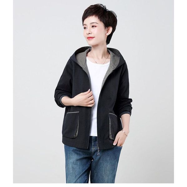 

women's trench coats short coat female 2021 spring cotton jacket loose large size hooded zipper fashion wild simple windbreaker d237, Tan;black