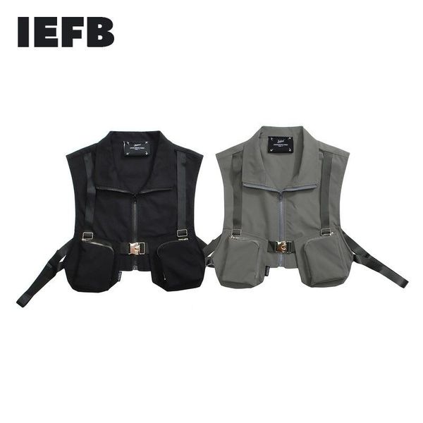 

men's vests iefb 2021 american style functional tactical waistcoat zipper coat couple tooling dark loose lapel multi pocket vest, Black;white