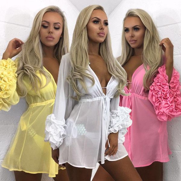 

women's swimwear women summer bikini v-neck cover up short solid color swimsuit dress bathing beachwear casual style s-xl, White;black